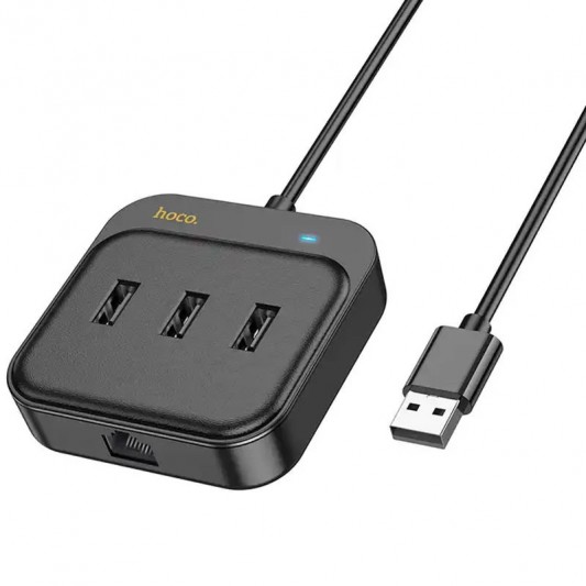 Переходник HUB Hoco HB35 Easy link 4-in-1 Gigabit Ethernet Adapter (USB to USB3.0*3+RJ45) (L=0.2M), Черный - изображение 6