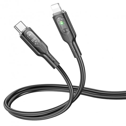 Дата кабель Hoco U120 Transparent explore intelligent power-off PD 27W Type-C to Lightning (1.2m) Black - изображение 1