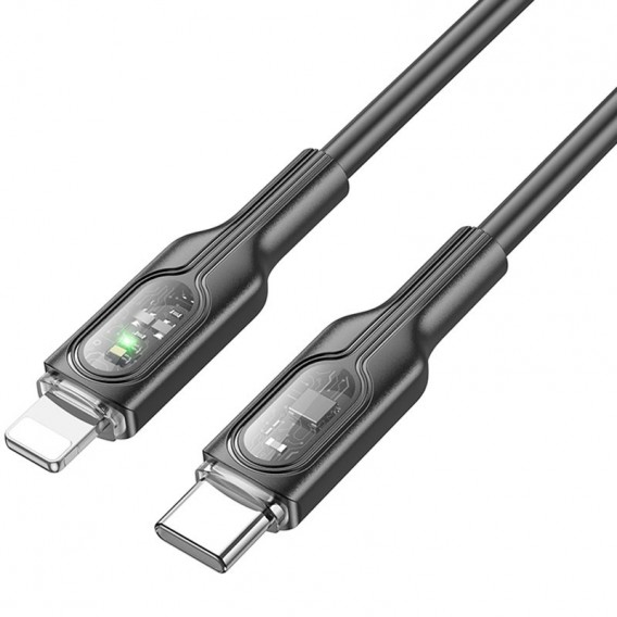 Провод для Айфона Hoco U120 Transparent explore intelligent power-off PD 27W Type-C to Lightning (1.2m), Black