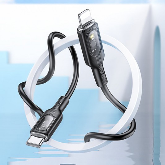 Дата кабель Hoco U120 Transparent explore intelligent power-off PD 27W Type-C to Lightning (1.2m) Black - изображение 4