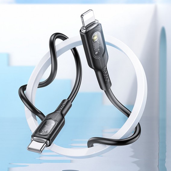 Провод для Айфона Hoco U120 Transparent explore intelligent power-off PD 27W Type-C to Lightning (1.2m), Black