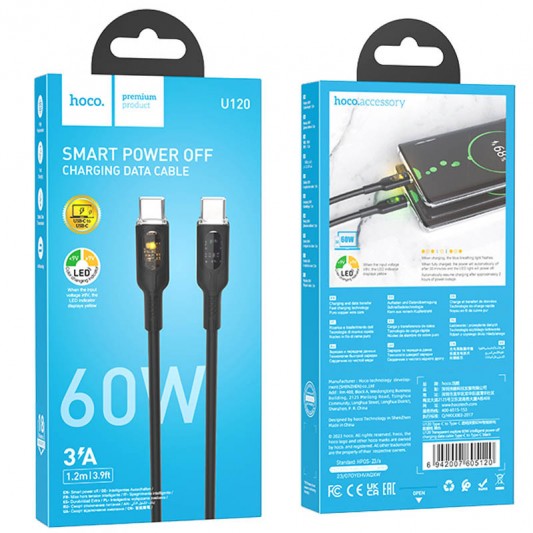 Дата кабель Hoco U120 Transparent explore intelligent power-off PD 60W Type-C to Type-C (1.2m) Black - зображення 5 