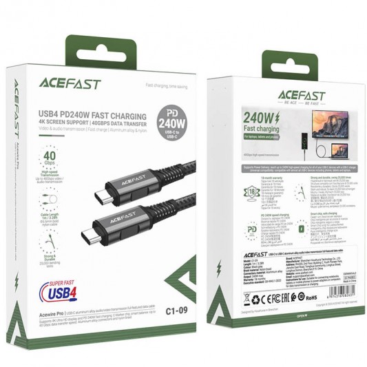 Дата кабель Acefast C1-09 USB-C to USB-C PD240W 40Gbps USB 4 aluminum alloy (1m) Black / Gray - зображення 3 