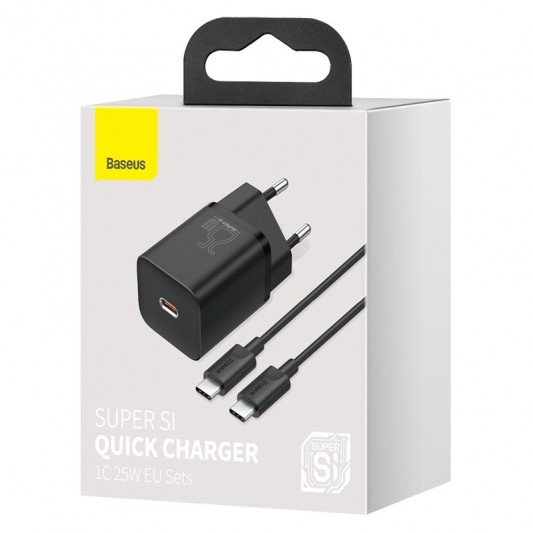 МЗП Baseus Super Si Quick Charger 25W (1USB-C) + кабель Type-C to Type-C (TZCCSUP-L) Чорний - зображення 1 