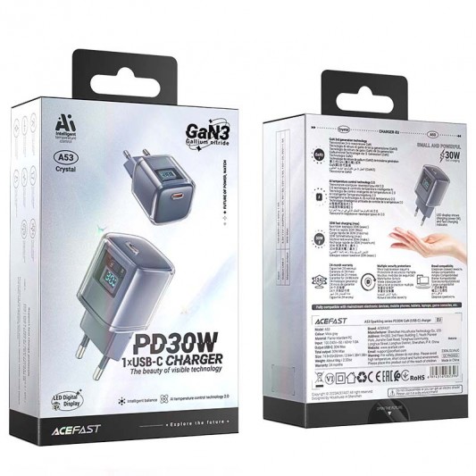 СЗУ Acefast A53 Sparkling series PD30W GaN (1USB-C) Mica gray - изображение 4