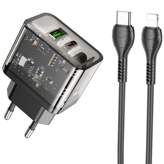 Блок быстрой зарядки Hoco N34 Dazzling PD20W+QC3.0 + Type-C to Lightning, Черный