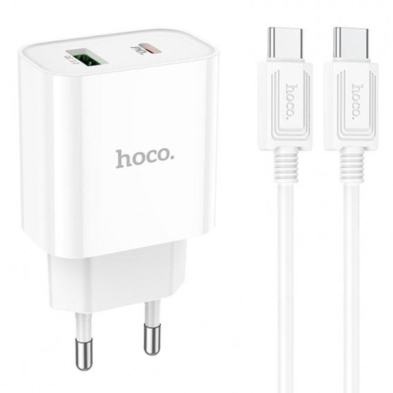 Блок зарядки HOCO C80A Plus Rapido PD20W+QC3.0 (1Type-C/1USB) + Type-C to Type-C, Белый