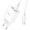 Блок зарядки HOCO C80A Plus Rapido PD20W+QC3.0 (1Type-C/1USB) + Type-C to Type-C, Білий