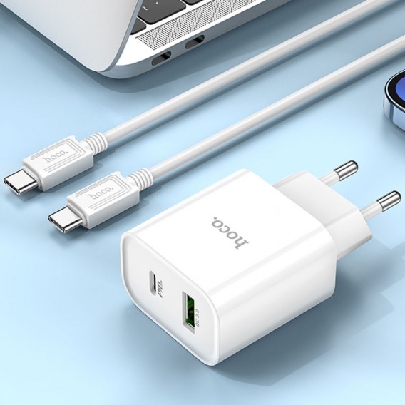 Блок зарядки HOCO C80A Plus Rapido PD20W+QC3.0 (1Type-C/1USB) + Type-C to Type-C, Белый