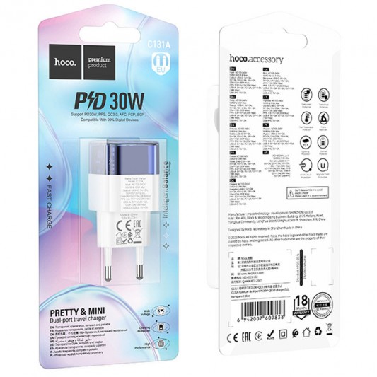 СЗУ Hoco C131A Platium PD30W+QC3.0 (1USB-A/1C) Transparent blue - изображение 3