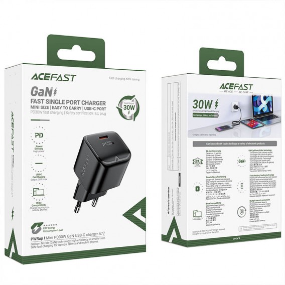 Зарядное устройство на Айфон Acefast A77 mini PD30W GaN USB-C, Черный