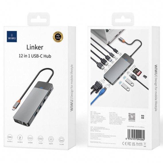 Перехідник HUB WIWU Linker Series 12 in 1 Pro, Grey