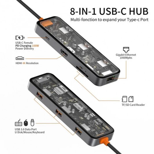 Перехідник HUB WIWU Cyber hub CB008 8 in 1 Grey - зображення 2 