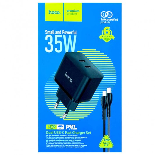 СЗУ Hoco N29 PD35W (2USB-C) + кабель Type-C to Lightning Black - изображение 4