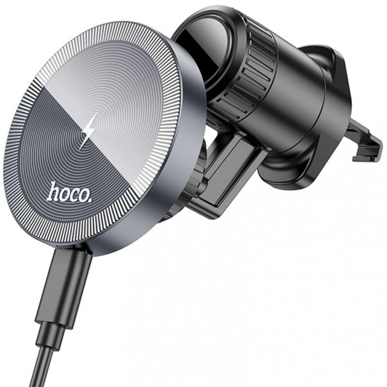 Автодержатель с беспроводной зарядкой Hoco HW6 Vision metal magnetic (air outlet), Black / Metal gray