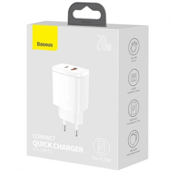 Блочок для зарядки Baseus Compact Quick Charger 20W QC+ PD (Type-C + 1USB) (CCXJ-B), White