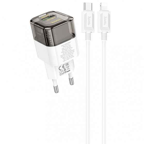 СЗУ Hoco C131A Platium PD30W+QC3.0 (1USB-A/1C) + кабель Type-C to Lightning Transparent black