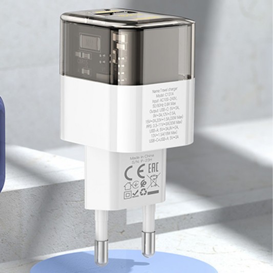 СЗУ Hoco C131A Platium PD30W+QC3.0 (1USB-A/1C) + кабель Type-C to Lightning Transparent black - изображение 1