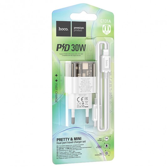 СЗУ Hoco C131A Platium PD30W+QC3.0 (1USB-A/1C) + кабель Type-C to Lightning Transparent black - изображение 2