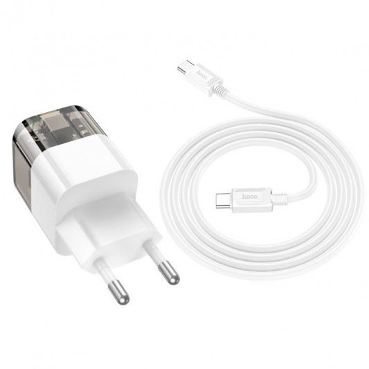 МЗП Hoco C131A Platium PD30W+QC3.0 (1USB-C) + кабель Type-C to Type-C Transparent black - зображення 2 