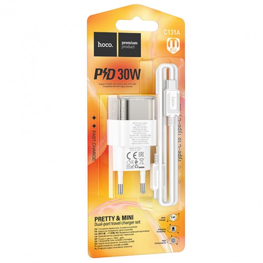 МЗП Hoco C131A Platium PD30W+QC3.0 (1USB-C) + кабель Type-C to Type-C Transparent black - зображення 3 