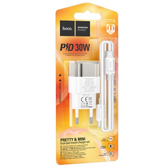 Блок для заряджання Hoco C131A Platium PD30W+QC3.0 + Type-C to Type-C, Transparent black
