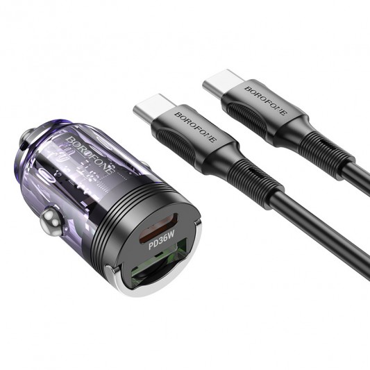 АЗП Borofone BZ29A Talented PD36W+QC3.0 (1USB-A/1C) + кабель Type-C to Type-C Transparent purple