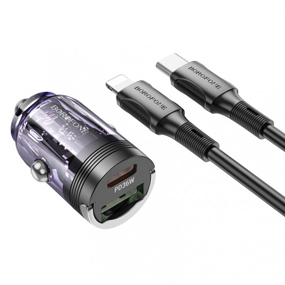 АЗУ Borofone BZ29A Talented PD36W+QC3.0 (1USB-A/1C) + кабель Type-C to Lightning Transparent purple