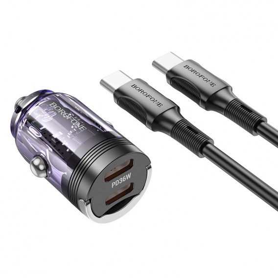 АЗП Borofone BZ29B PD36W (2xUSB-C) + Кабель (Transparent Purple)