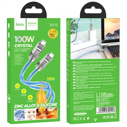 Дата кабель Hoco U113 Solid 100W Type-C to Type-C (1m) Blue - изображение 5