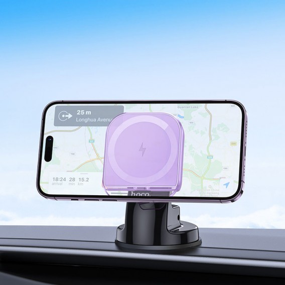 Автотримач із бездротовою зарядкою Hoco HW18 Crystal (center console), Romantic purple