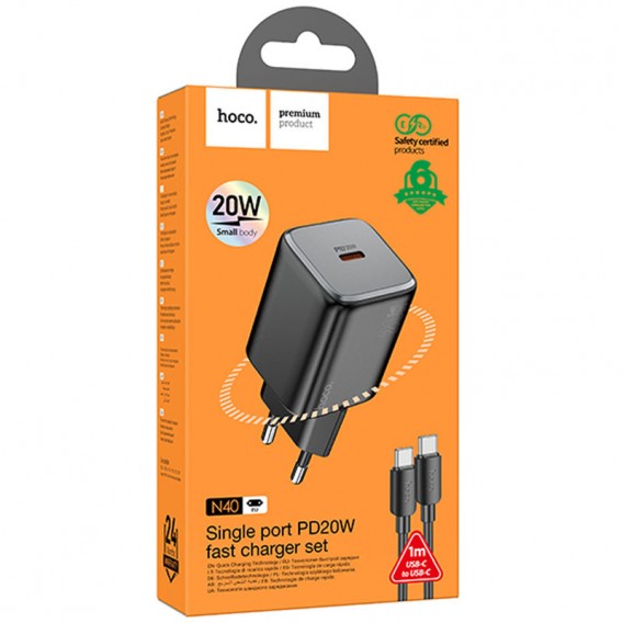 Блок для заряджання Hoco N40 Mighty 1C PD20W + Type to Type-C, Black