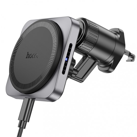 Автодержатель с беспроводной зарядкой Hoco HW15 Speed (air outlet), Black / Metal gray