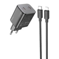Блок питания Hoco N42 Elogiado PD45W (2USB-C) + кабель Type-C to Lightning Black