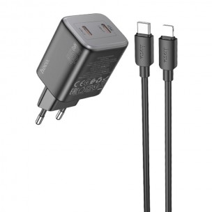 Блок питания Hoco N42 Elogiado PD45W (2USB-C) + кабель Type-C to Lightning Black