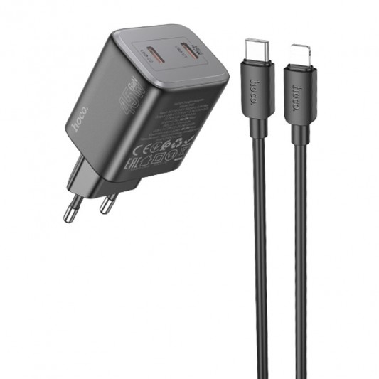 СЗУ Hoco N42 Elogiado PD45W (2USB-C) + кабель Type-C to Lightning Black