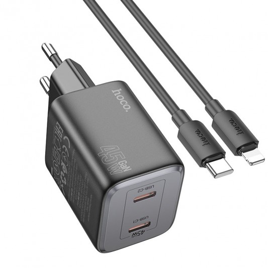 СЗУ Hoco N42 Elogiado PD45W (2USB-C) + кабель Type-C to Lightning Black - изображение 3