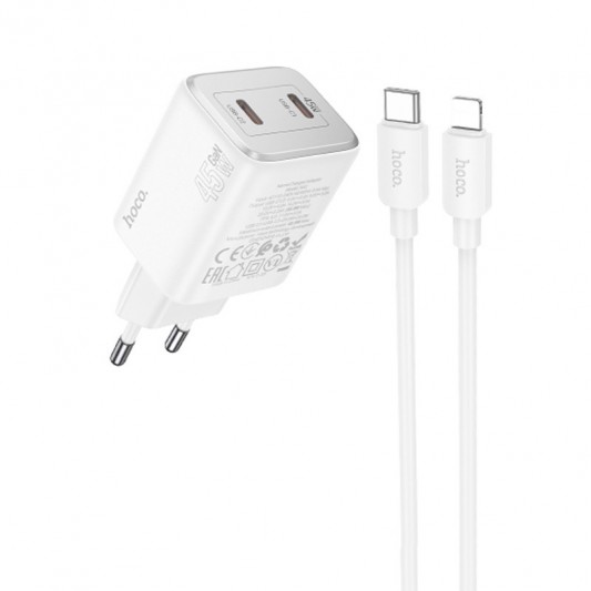 СЗУ Hoco N42 Elogiado PD45W (2USB-C) + кабель Type-C to Lightning White