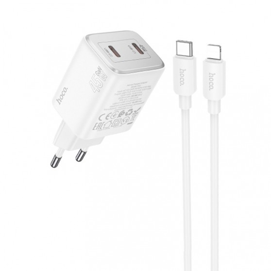 СЗУ Hoco N42 Elogiado PD45W (2USB-C) + кабель Type-C to Lightning White