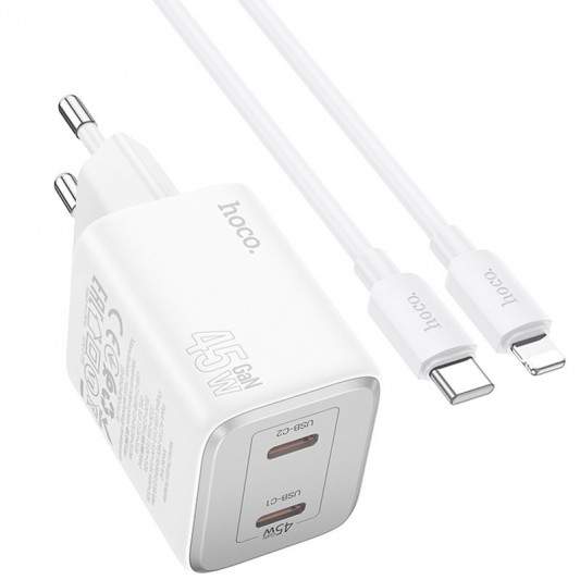 СЗУ Hoco N42 Elogiado PD45W (2USB-C) + кабель Type-C to Lightning White - изображение 1