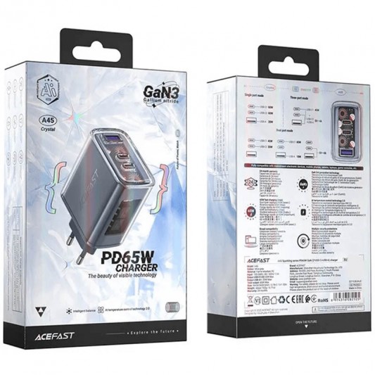 СЗУ Acefast A45 Exploration series PD65W GaN (1USB-A/2C) Mica gray - изображение 3