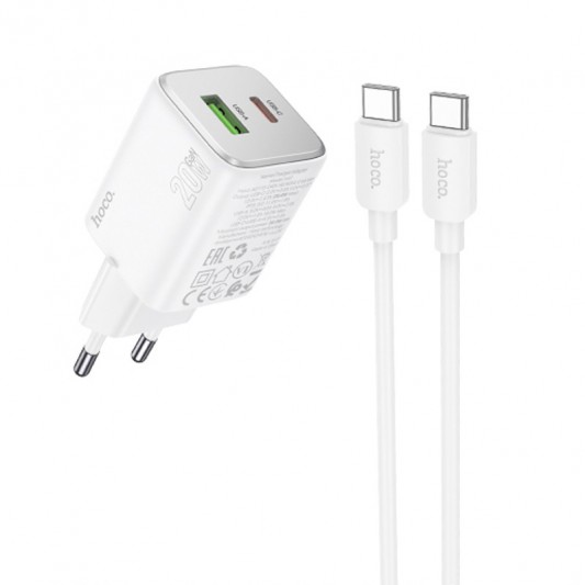 СЗУ Hoco N41 Almighty PD20W+QC3.0 (1USB-A/1C) + кабель Type-C to Type-C White