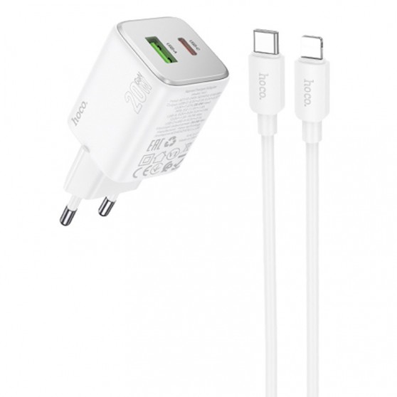 СЗУ Hoco N41 Almighty PD20W+QC3.0 (1USB-A/1C) + кабель Type-C to Lightning White