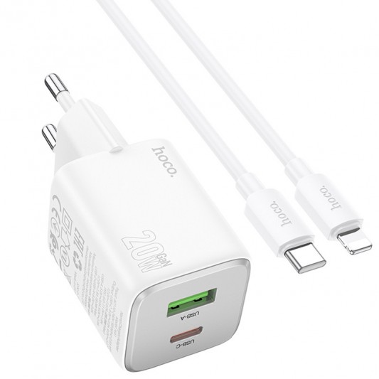 МЗП Hoco N41 Almighty PD20W+QC3.0 (1USB-A/1C) + кабель Type-C to Lightning White - зображення 1 