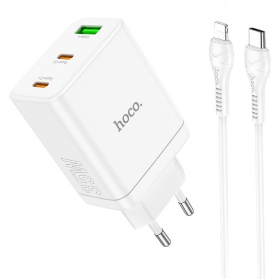 Зарядное устройство Hoco N33 Start PD35W (2C/1A) + Type-C to Lightning, White