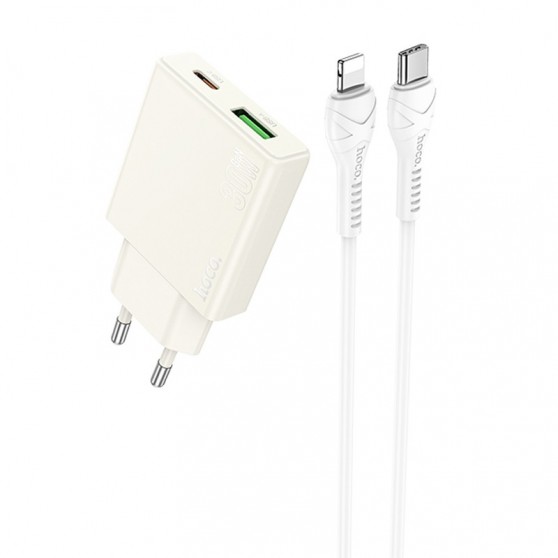 СЗУ Hoco N45 Biscuit PD30W+QC3.0 (1USB-A/1C) + кабель Type-C to Lightning Moonlight white