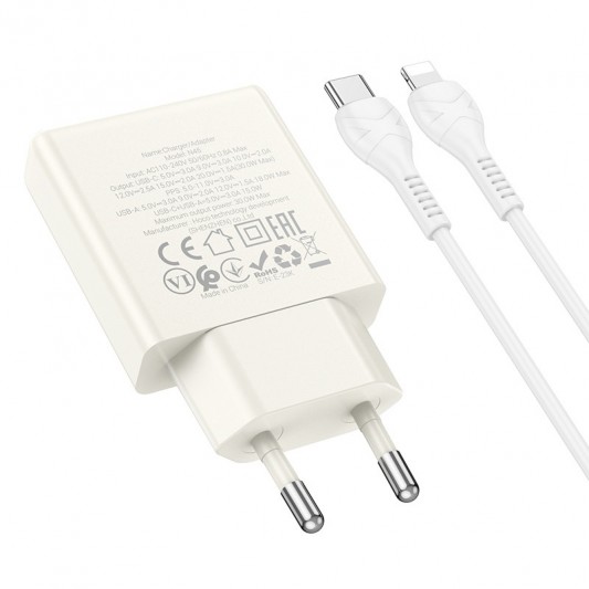 СЗУ Hoco N45 Biscuit PD30W+QC3.0 (1USB-A/1C) + кабель Type-C to Lightning Moonlight white - изображение 1