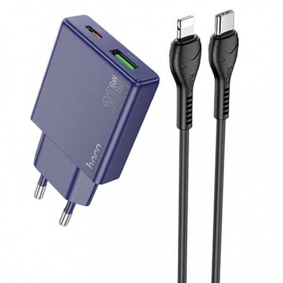 МЗП Hoco N45 Biscuit PD30W+QC3.0 (1USB-A/1C) + кабель Type-C to Lightning Titanium blue