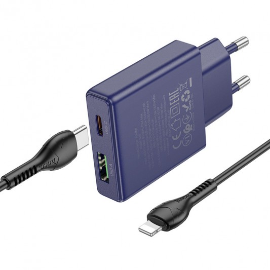СЗУ Hoco N45 Biscuit PD30W+QC3.0 (1USB-A/1C) + кабель Type-C to Lightning Titanium blue - изображение 1