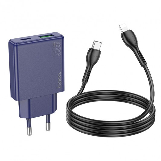 СЗУ Hoco N45 Biscuit PD30W+QC3.0 (1USB-A/1C) + кабель Type-C to Lightning Titanium blue - изображение 3